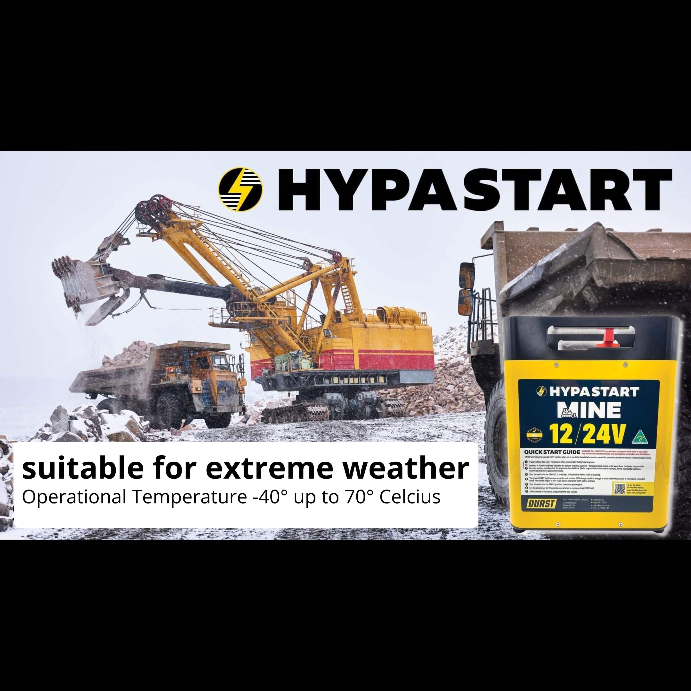 Durst Hypastart, 12 / 24 Volt, mine spec, high performance jump starter. 
Powered by super-capacitors, up to 30L engines. CAT socket (Caterpillar). 
VOLTAGE: 12